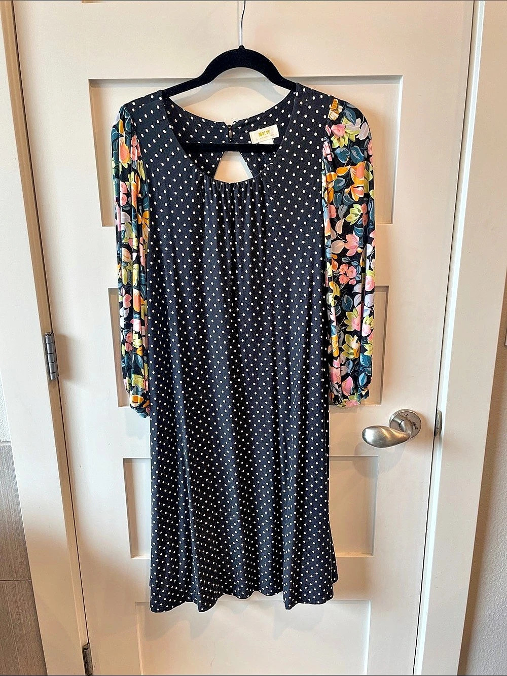 Maeve Polka Dot Floral Sleeve Midi Dress in Black Size Medium Like